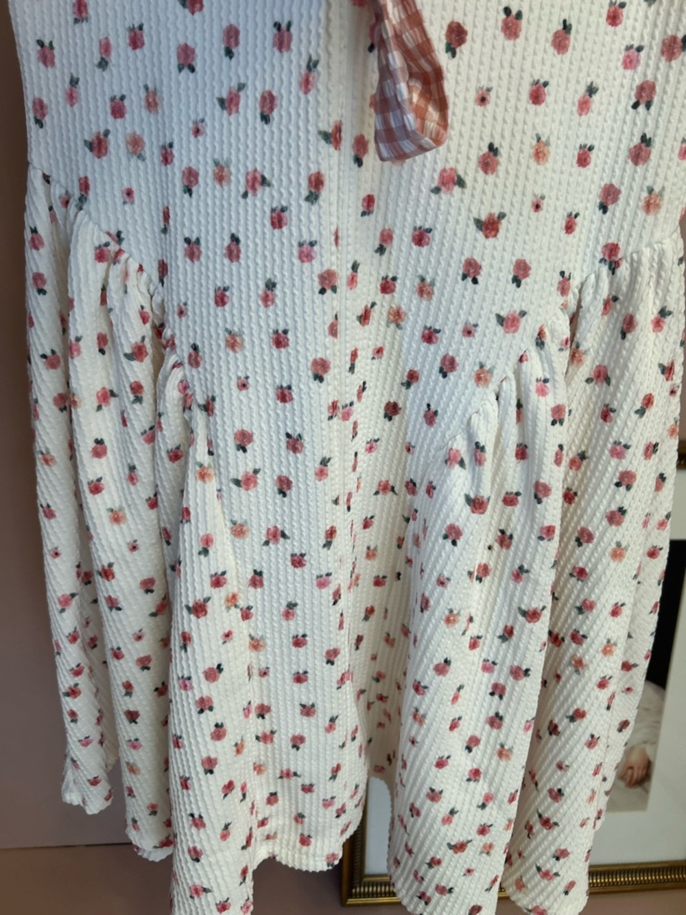 Kori White Mini Dress with Pink Floral Print and Gingham bows - Picture 3 of 10